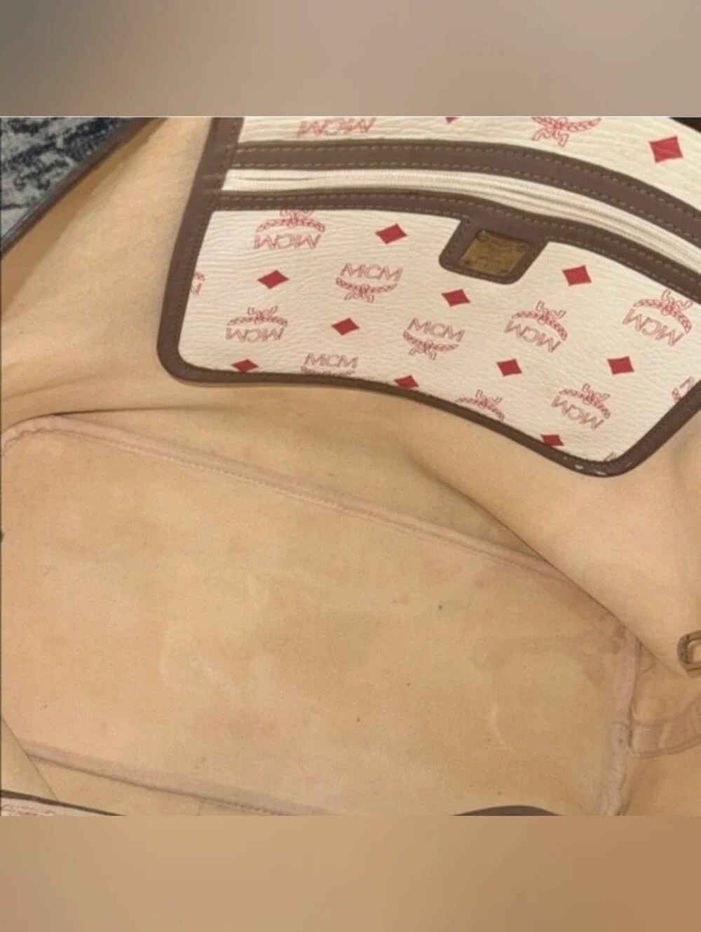 MCM White Pink Logo Canvas Tote with Multicolor Accent Stripes